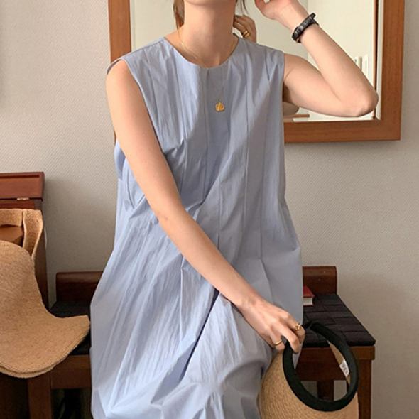 TDN-0186  데일리룩 핀턱 플레어 나시 롱원피스 